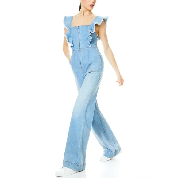 Alice + Olivia Gorgeous Wide Leg Open Back Denim Jeans Jumpsuit - Picture 4 of 16